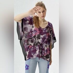 Avenue Purple and Pink Floral Blouse, Flowy Boho Chic, Very Sheer